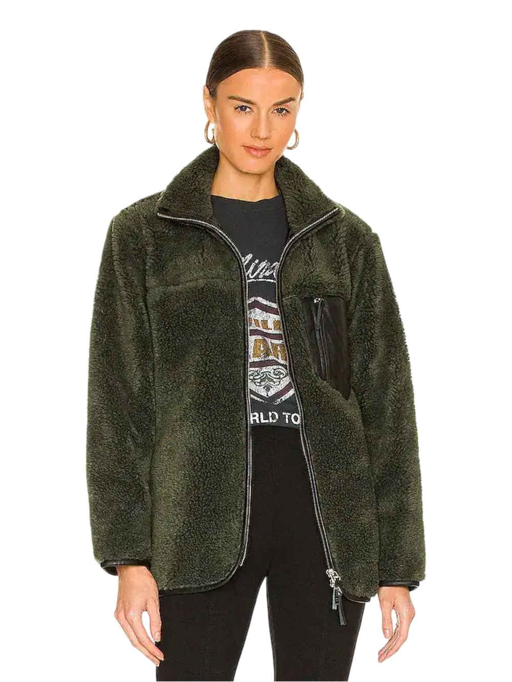 Anine Bing Ryder Fleece Sherpa Jacket Olive Green Sz XS MSRP $349 Revolve